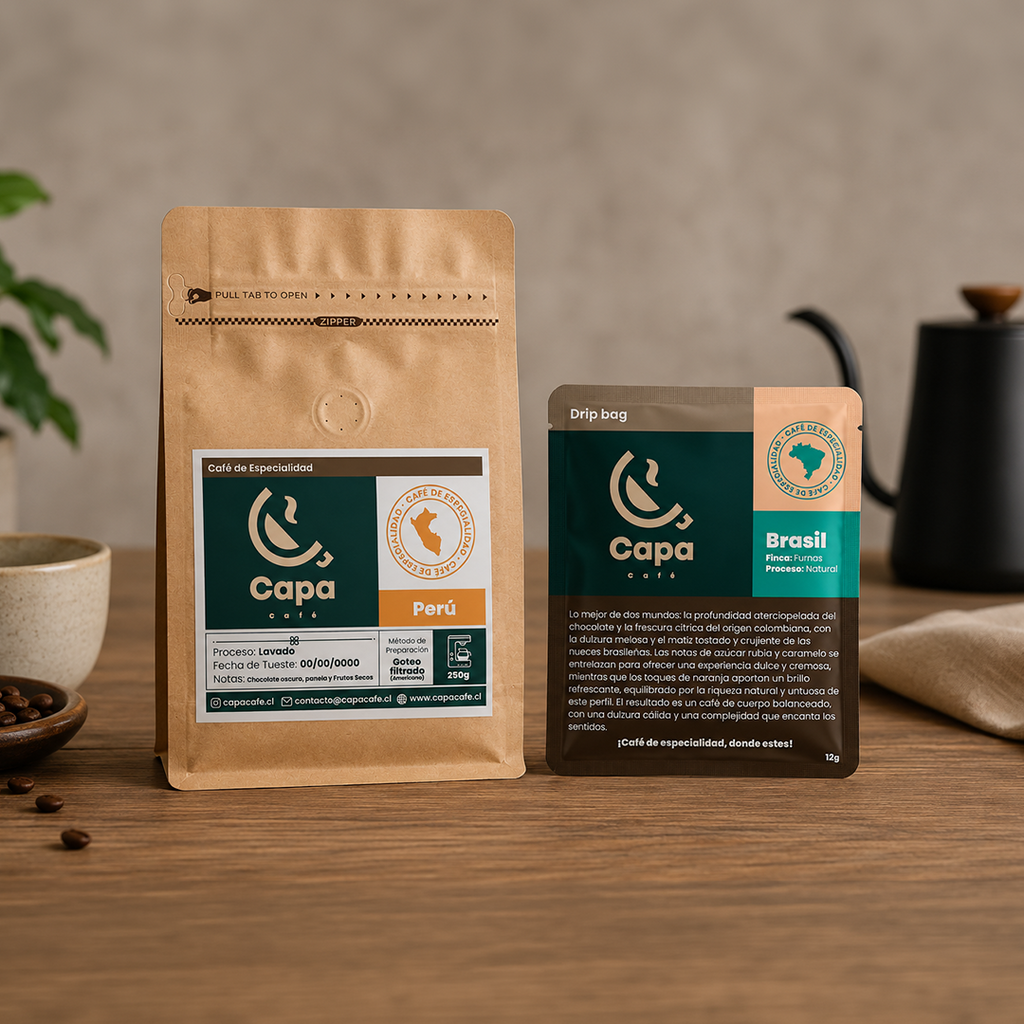 Bolsa de café Capa Café junto a taza blanca sobre fondo oscuro con planta