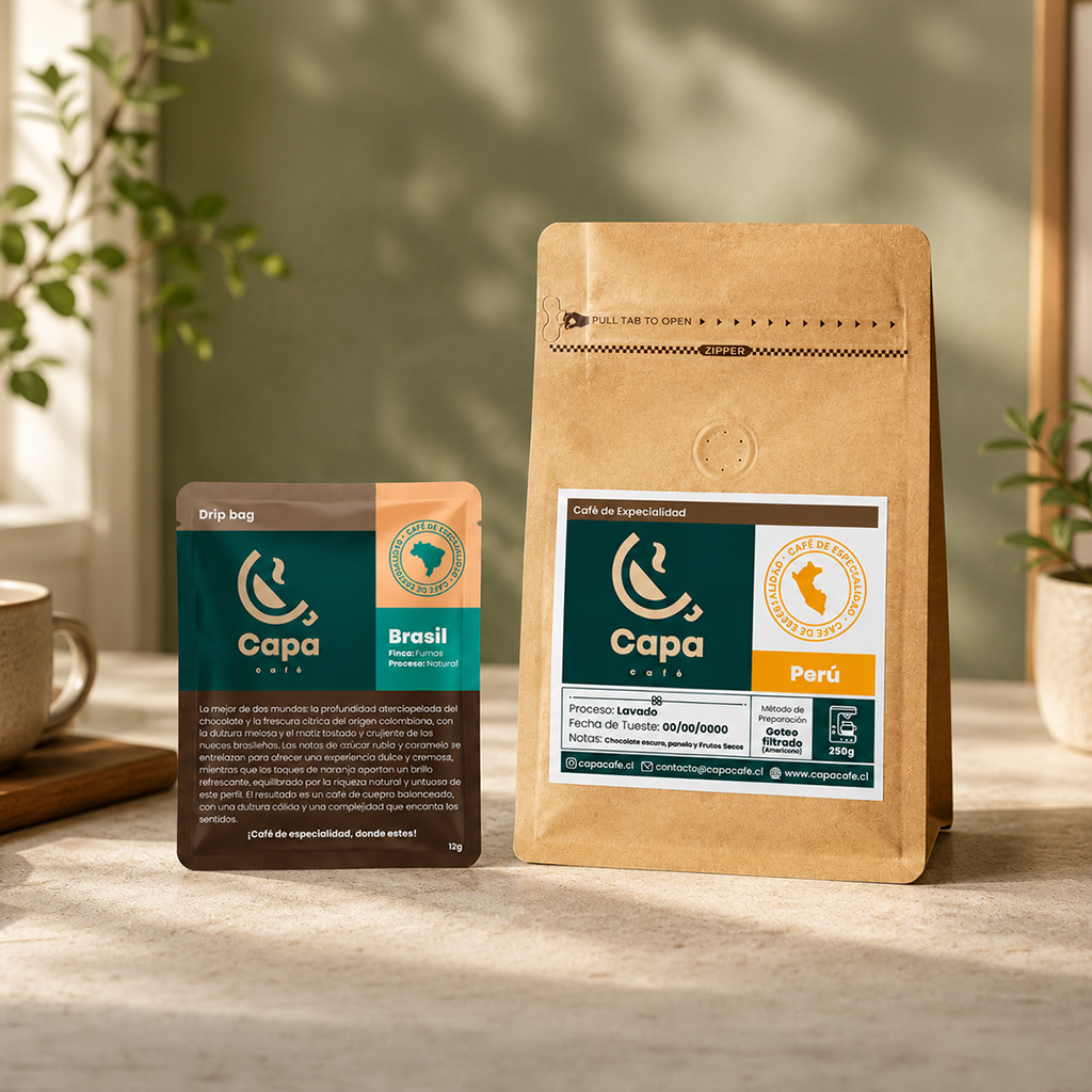 Bolsa de café tostado Capa Café sobre superficie de madera con planta de fondo