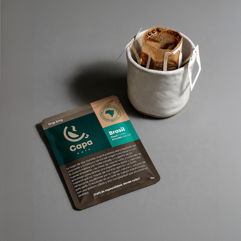 Drip bag de café Capa Café servido en taza blanca sobre fondo gris oscuro