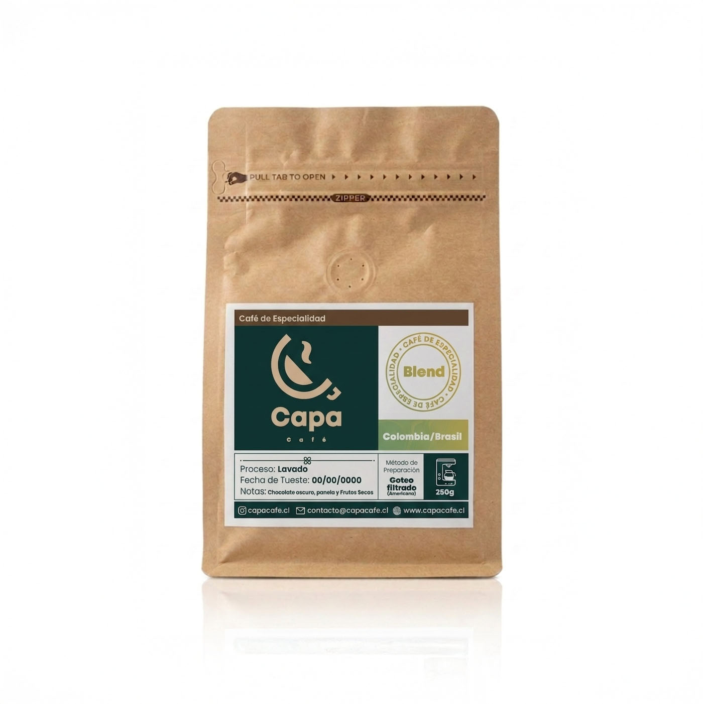 Café Blend de Brasil y Colombia de Capa Café, empaque de café de especialidad